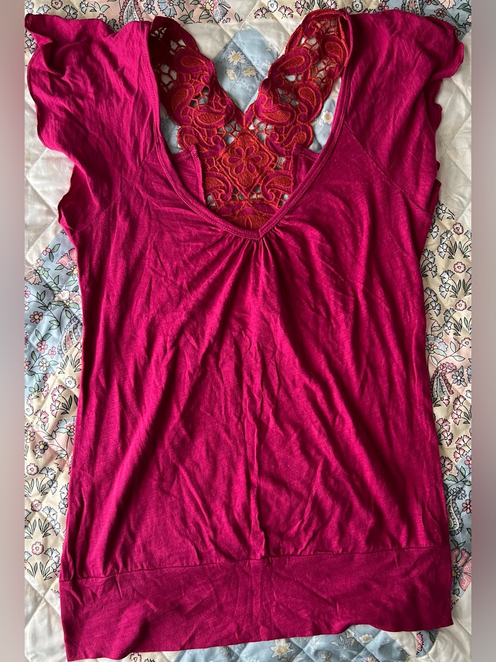 Eyeshadow Fuchsia Lace-Back V-Neck Tank